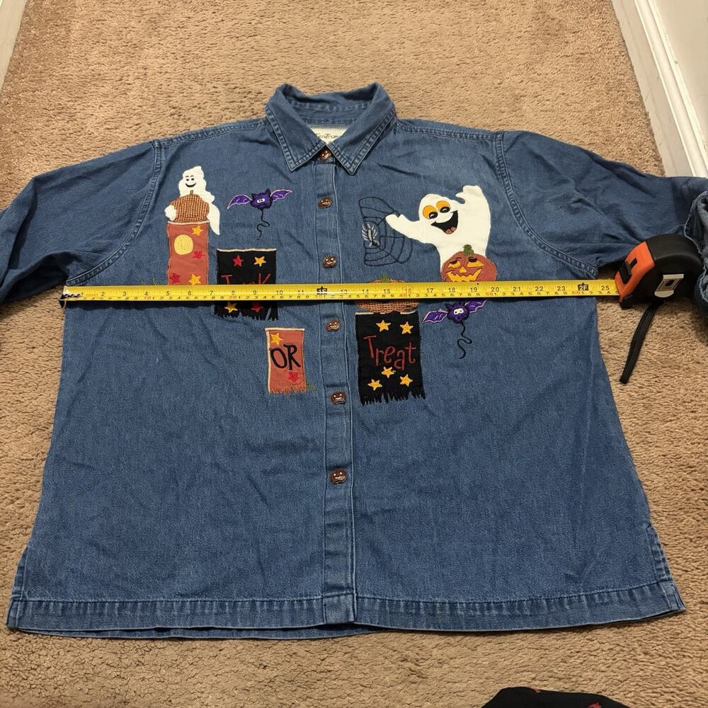 Tantrums Halloween Denim 3/4 Sleeve Size 2X Trick Or Treat Ghosts Vintage - Picture 6 of 8